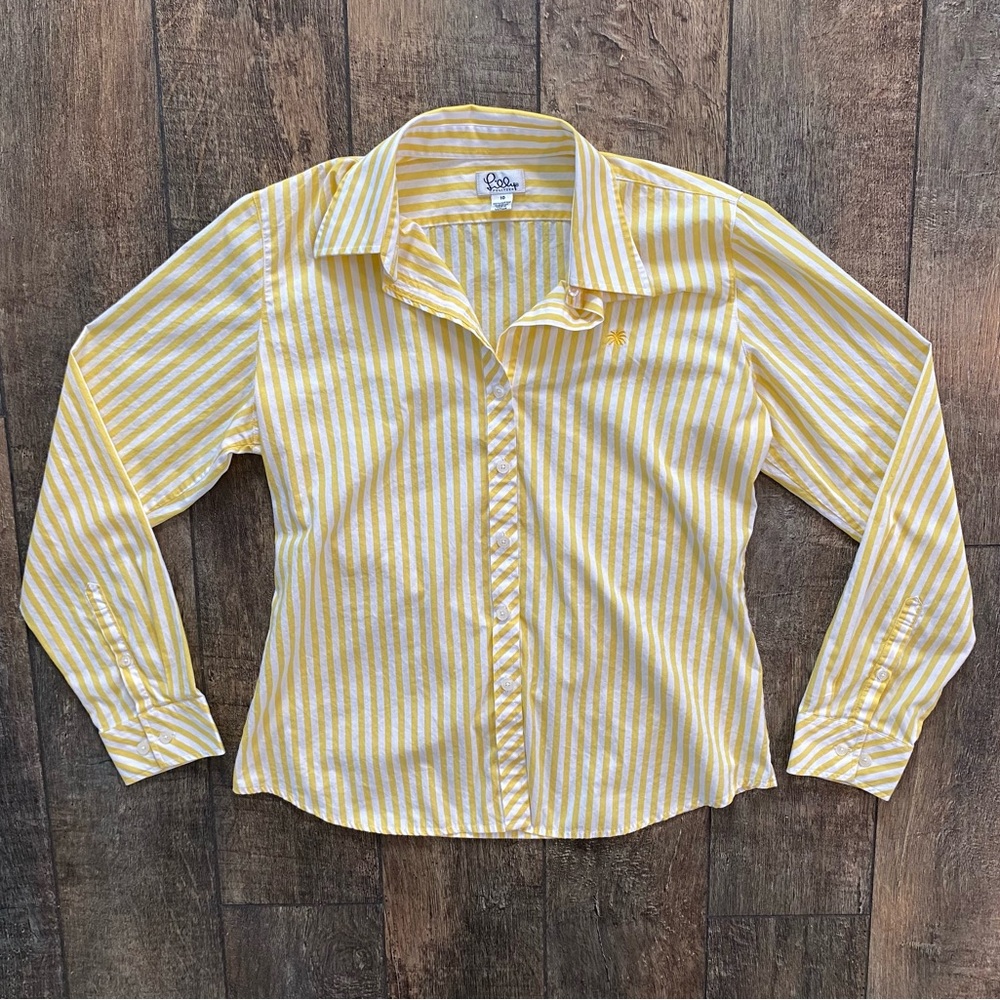 vintage lilly pulitzer yellow & white striped button down shirt
